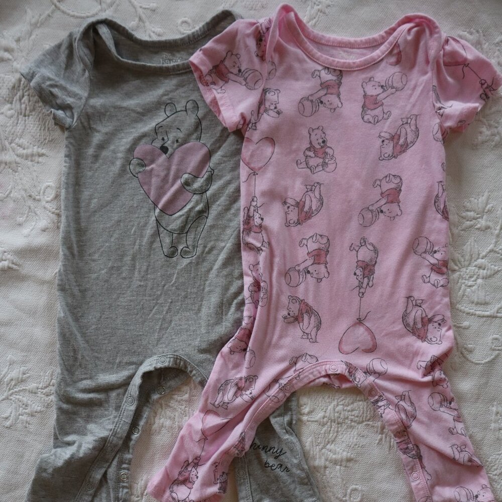 Set of 2 Disney Winnie the Pooh One Pieces 12m Pink Grey with Hearts